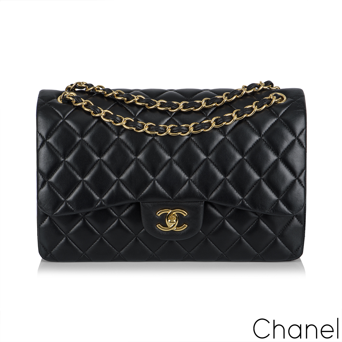 Chanel Black Lambskin Leather Jumbo Double Flap GHW Handbag